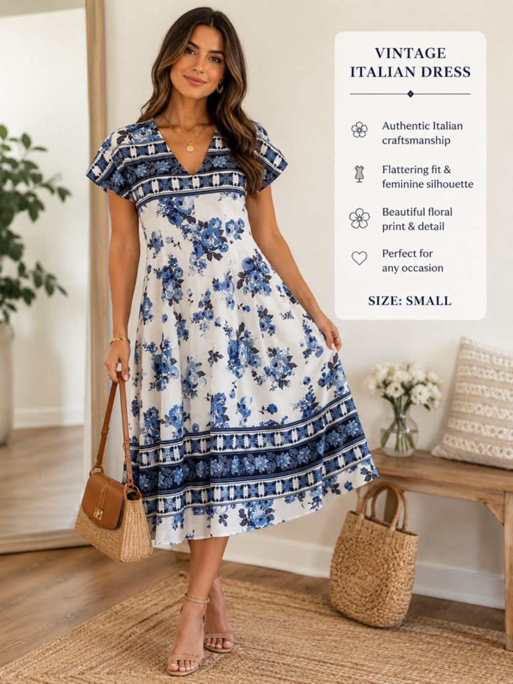 Italian Blue Floral Midi Dress/ White and Navy Romantic Cottage core Dress. S/M